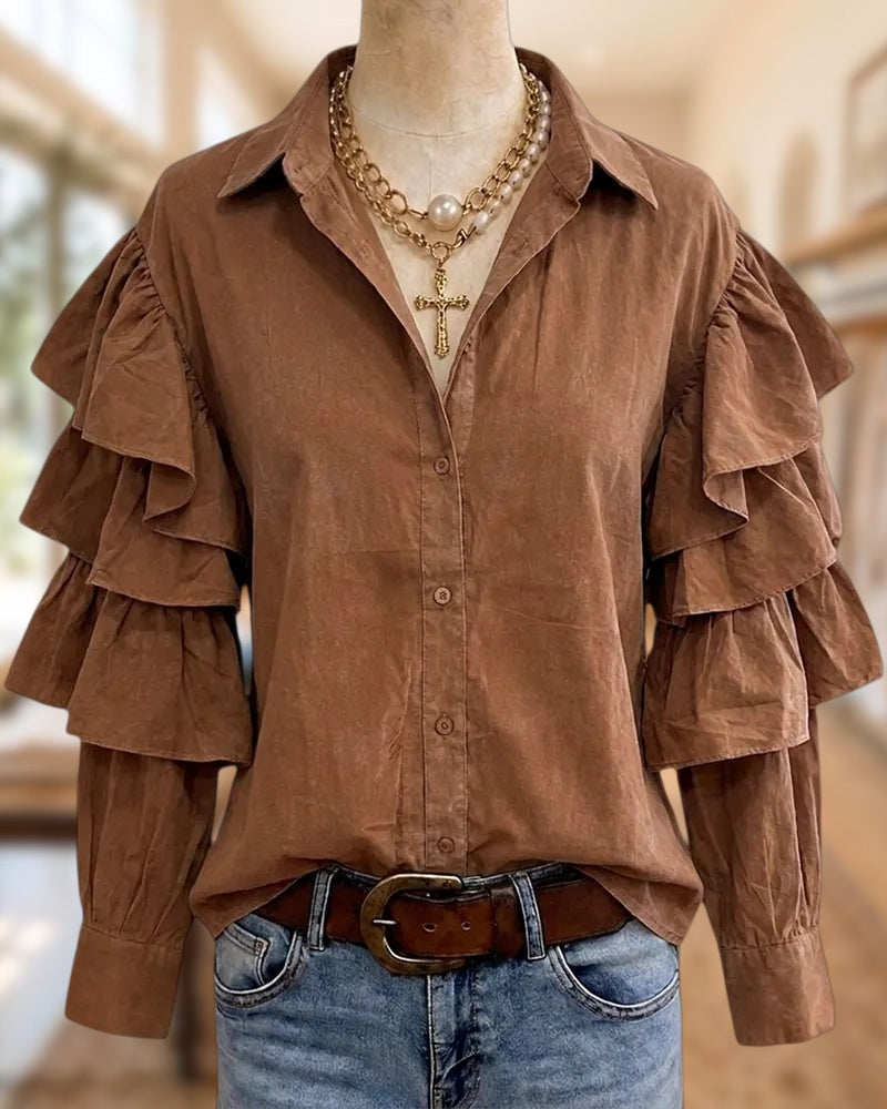 Tiered Ruffle Sleeve Collared Button Front Chic Solid Color Shirt