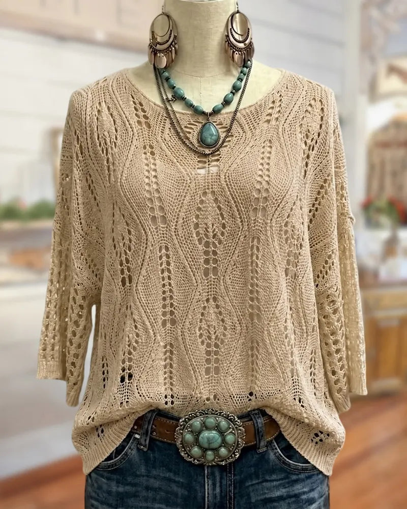 Openwork Crochet 3/4 Sleeve O-Neck Loose Casual Knit Top