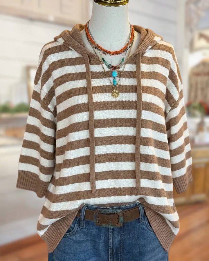 Striped Knit Drawstring Hood 3/4 Sleeve Loose Casual Pullover