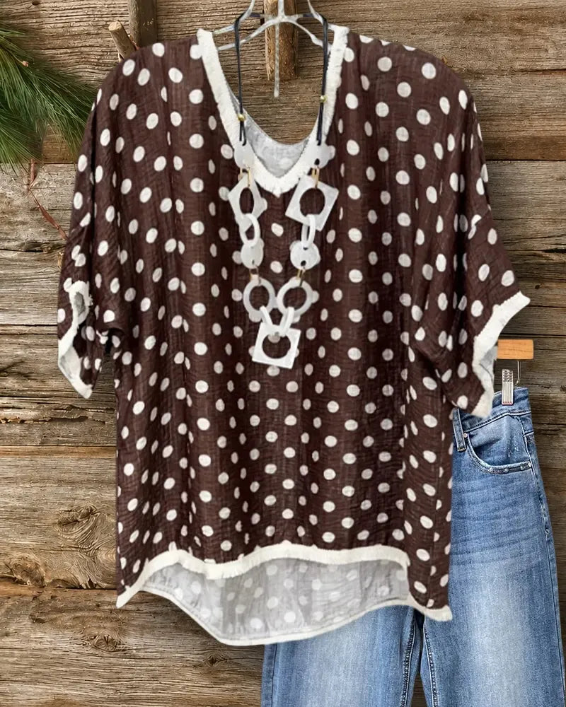 Polka Dot V Neck Loose Casual Blouse