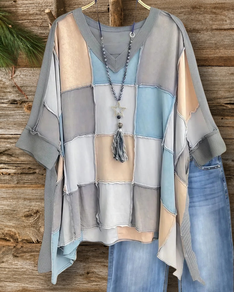 Color Block Seamed Cozy V Neck Irregular Shirt