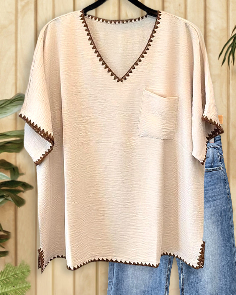 Hit Color Shell Stitch Trim Retro V Neck Shirt