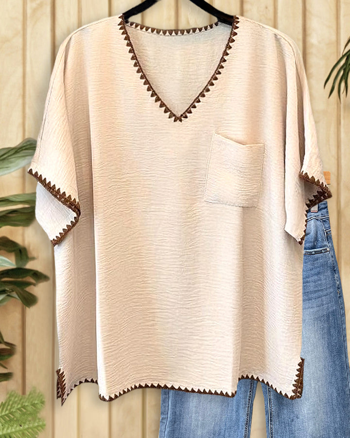Hit Color Shell Stitch Trim Retro V Neck Shirt