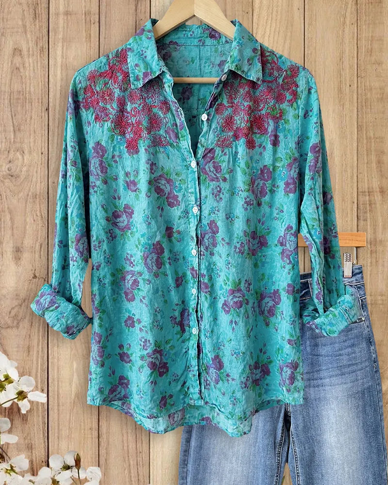 Floral Print Embroidered Collared Long Sleeve Button Up Feminine Shirt
