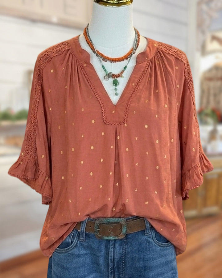 V Neck Lace Panel Ruffle Hem Polka Dot Blouse