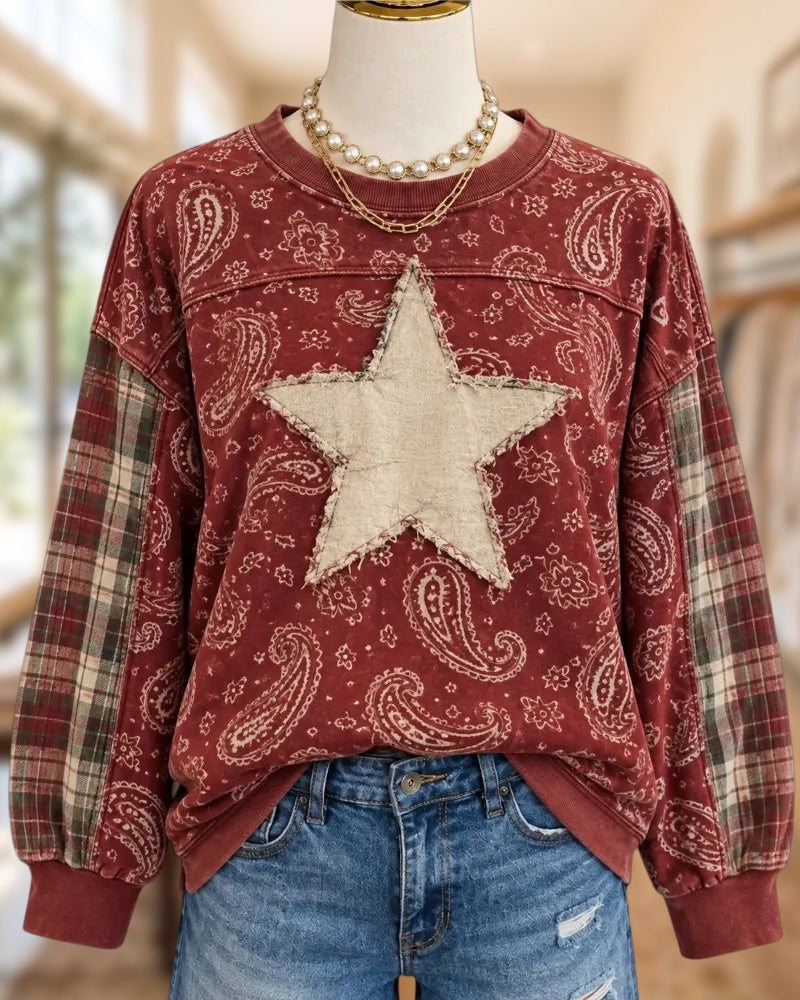 Star Applique Plaid Patchwork Sweatshirt
