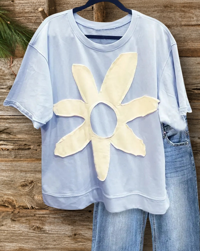 Hit Color Flower Applique Patchwork Casual T-Shirt