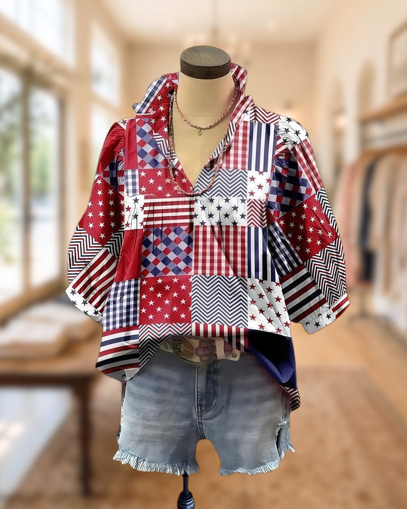 Mixed Print Casual V Neck Blouse
