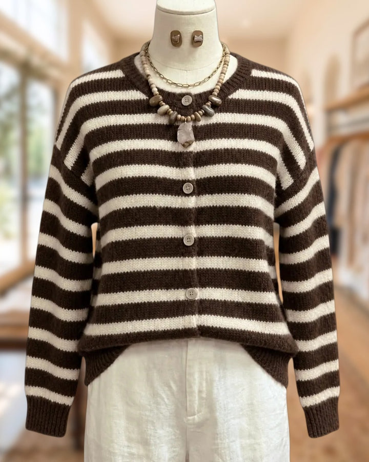 Striped Button Front Long Sleeve Loose Knit Casual Cardigan