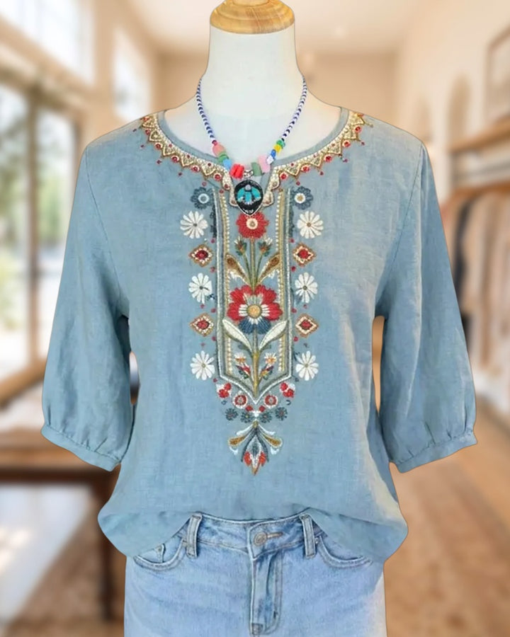 Natural Print 3/4 Sleeve Round Neck Loose Fit Casual Blouse