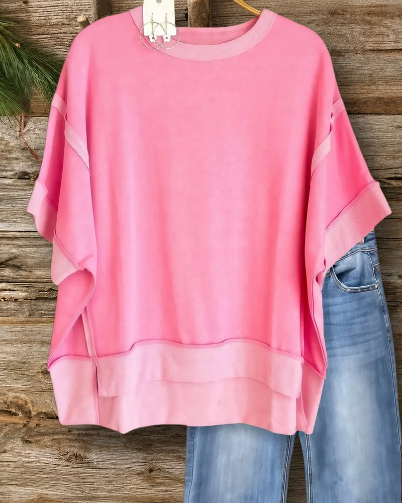 Seamed Detail Relaxed Side Slit High Low Blouse