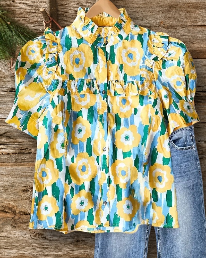 Floral Print Sweet Ruffles Trim Button Down T-Shirt