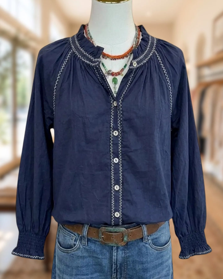 Contrast Stitch Ruffled Neck Button Front Smocked Cuff Blouse
