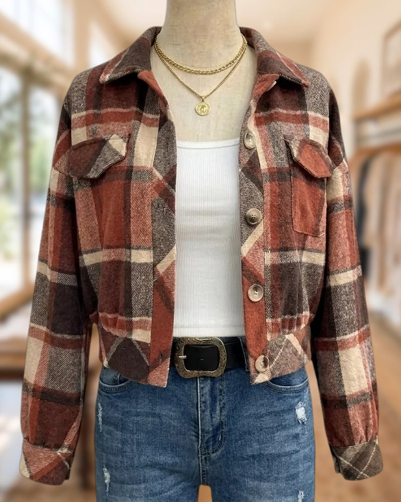 Long Sleeve Plaid Collared Button Front Jacket With Pockets