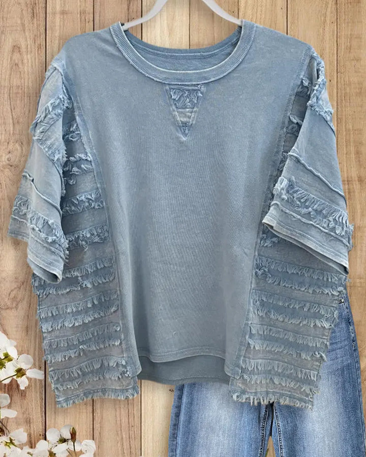 Frayed Trim Crew Neck Short Sleeve Loose Casual Top