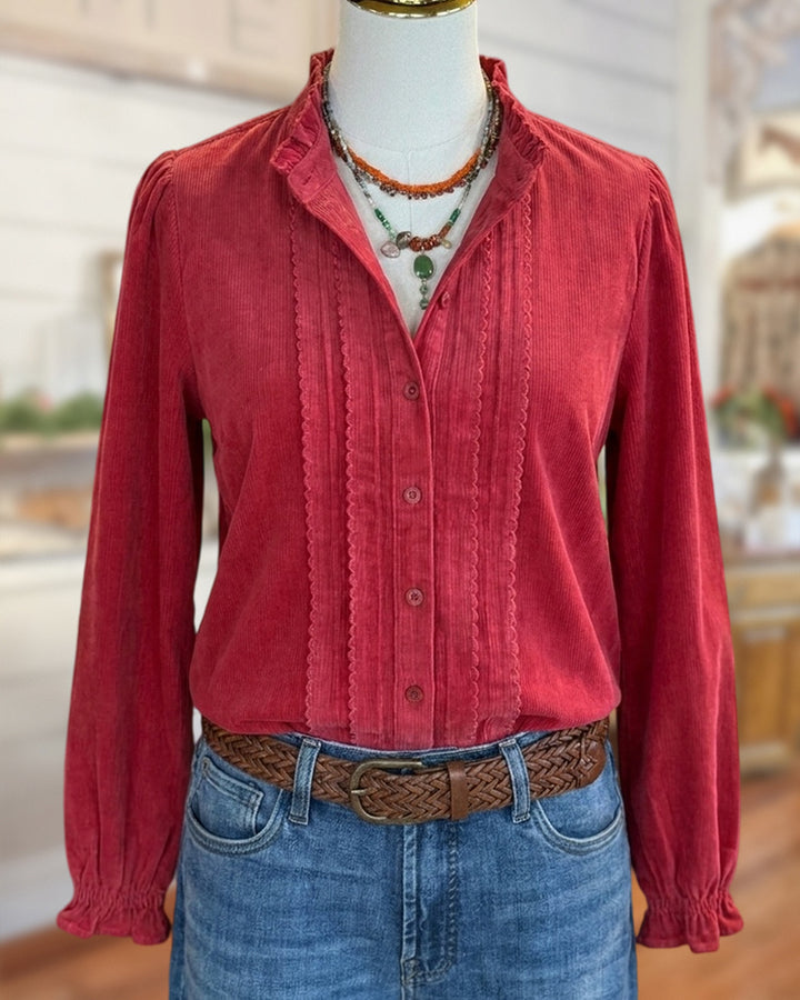 Ruffled Trim Corduroy Button Front Long Sleeve Blouse
