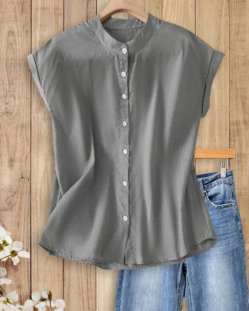 Stand Collar Button Front Cap Sleeve Relaxed Fit Casual Shirt