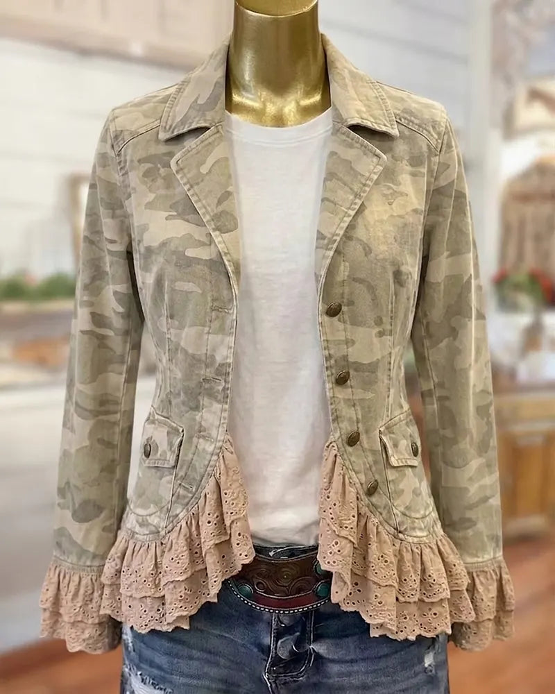 Long Sleeve Camo Lapel Jacket with Tiered Lace Ruffles