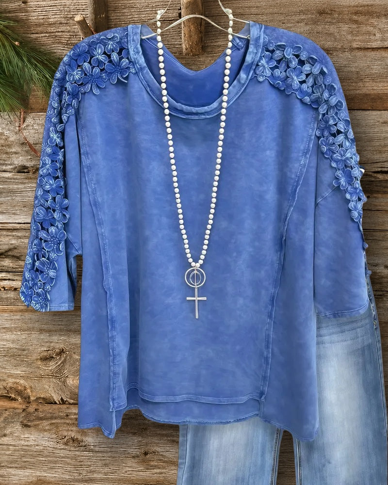 Solid Color Lacy Insert Pretty Round Neck Shirt