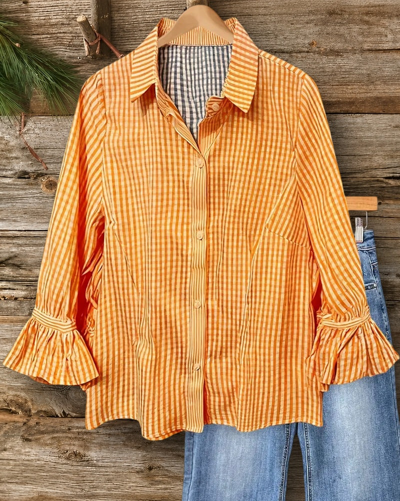 Gingham Pretty Ruffle Sleeve Button Down Blouse