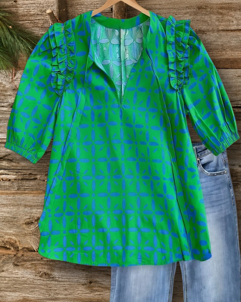 Graphic Print Tie Neck Playful Ruffled Shoulder T-Shirt