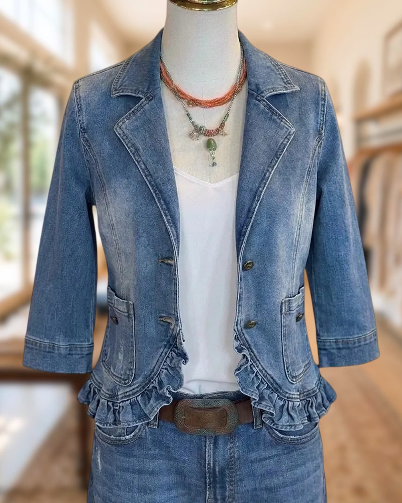 Single Breasted Notched Lapel 3/4 Sleeve Ruffled Hem Denim Jacket
