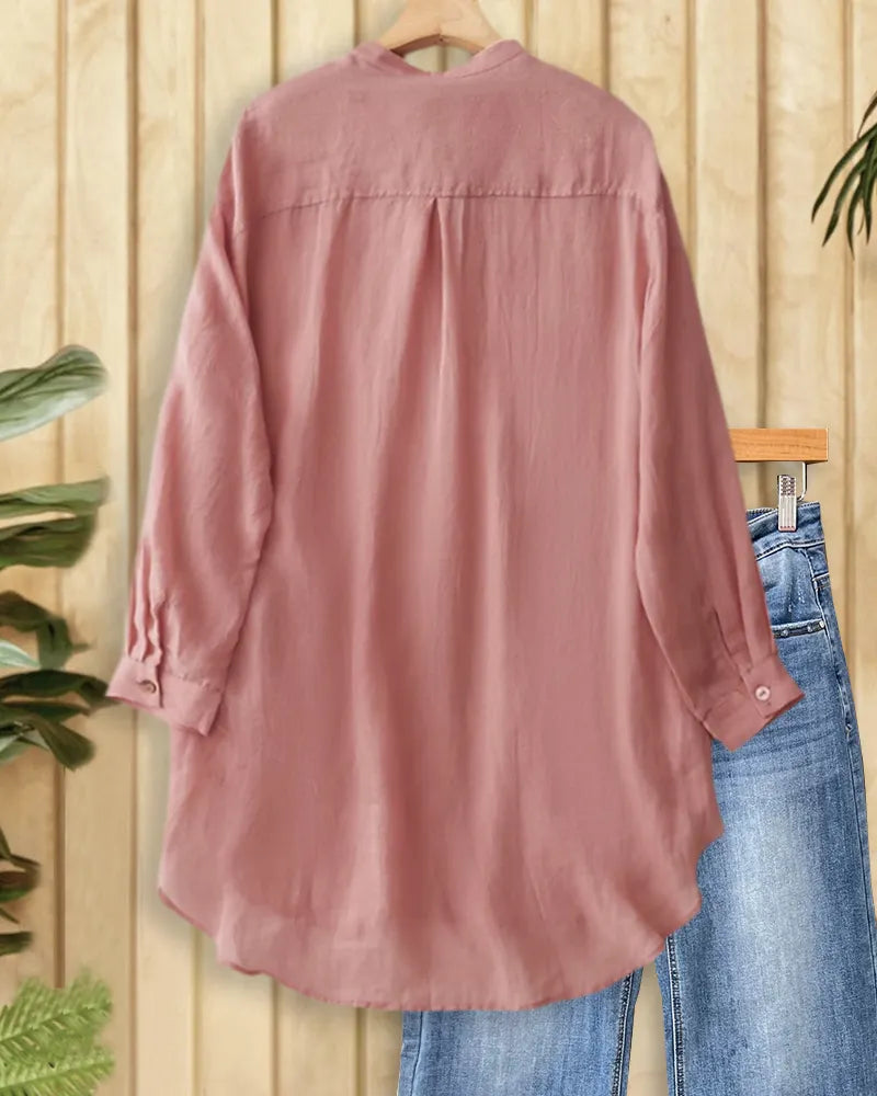 Solid Color Long Sleeve Button Up Stand Collar Loose Shirt