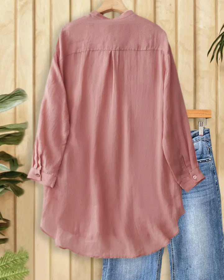 Solid Color Long Sleeve Button Up Stand Collar Loose Shirt