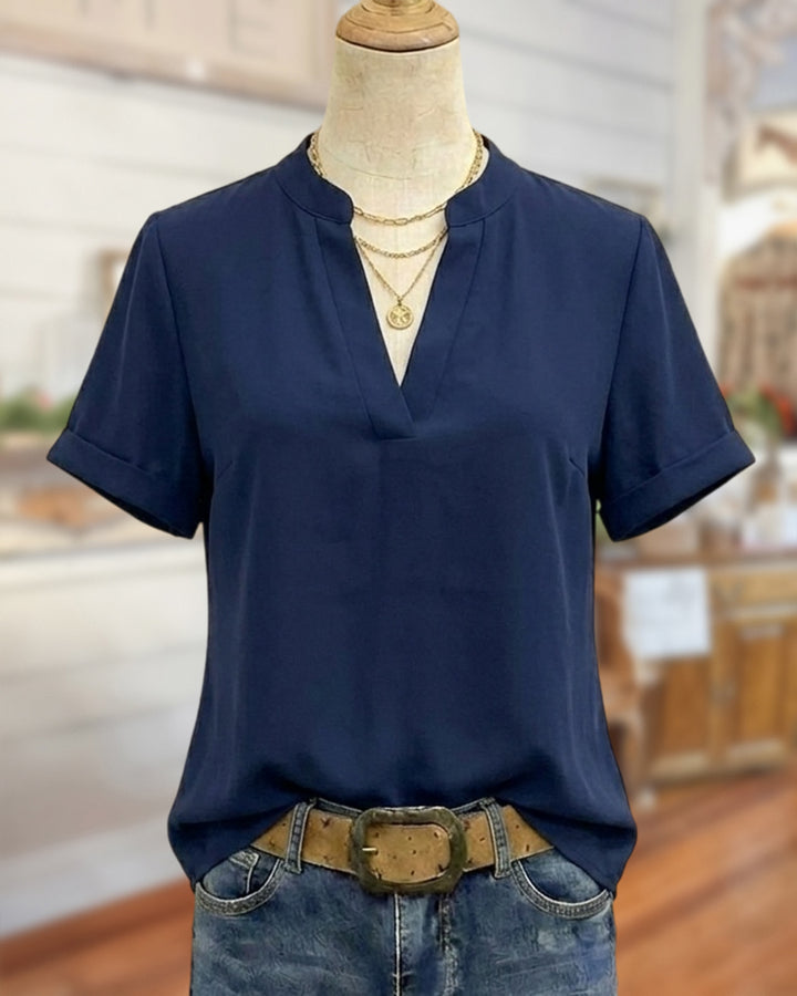 Solid Color V Neck Short Sleeve Casual Blouse