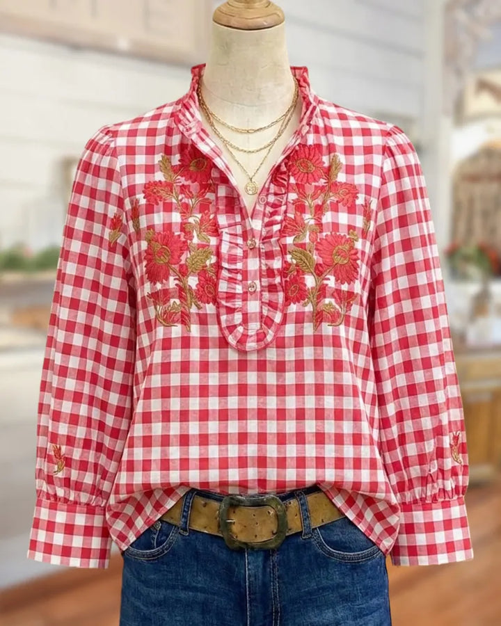 Gingham Floral Embroidery Ruffled Placket Long Sleeve Blouse