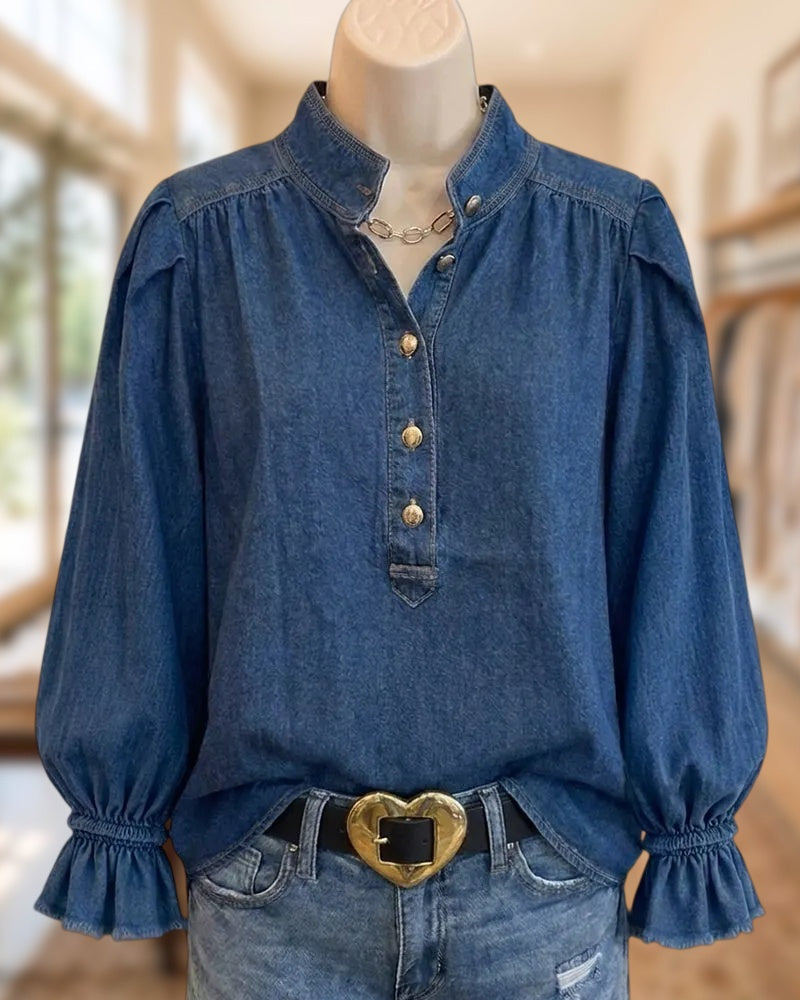 Stand Collar Puff Sleeve Solid Color Denim Blouse