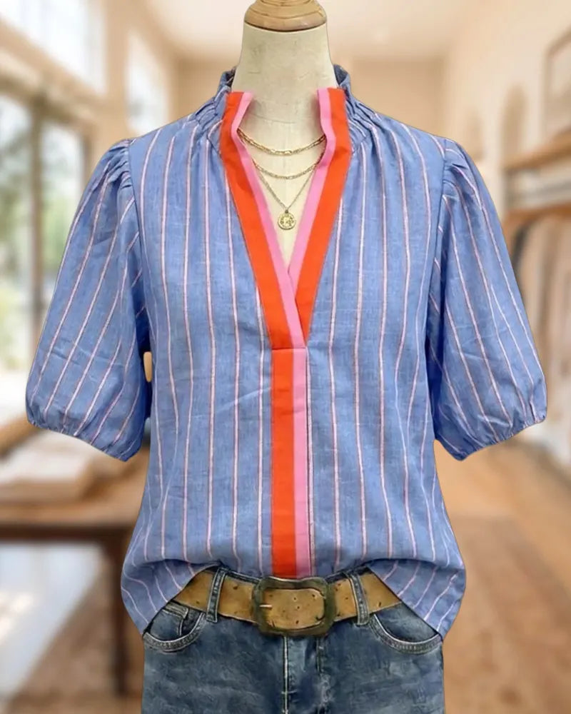 Striped Puff Sleeve V Neck Contrast Trim Placket Blouse