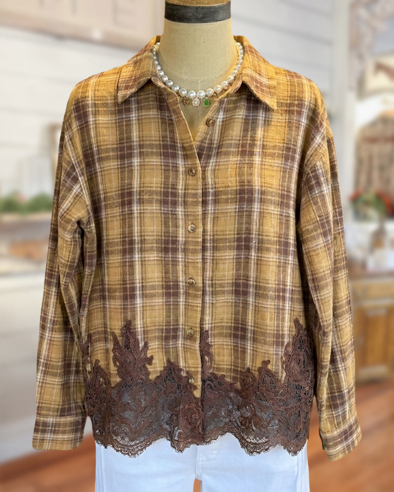Plaid Collared Lace Trim Button Up Long Sleeve Shirt