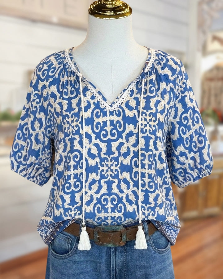 Tassel Tie V Neck Puff Sleeve Lace Trim Printed Blouse