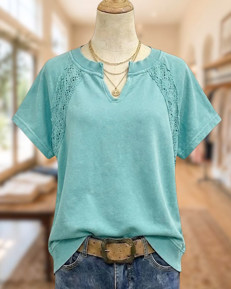 V Neck Lace Insert Short Sleeve Loose Casual T-shirt