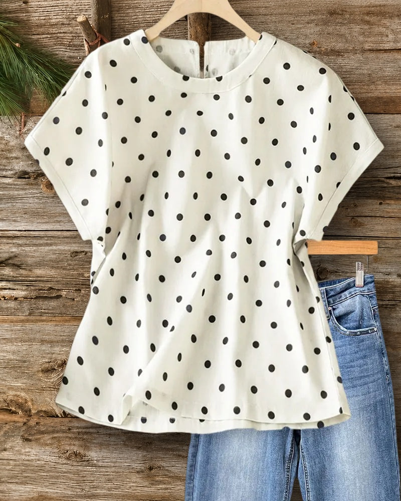 Polka Dot Loose Short Sleeve Keyhole Back Casual Blouse