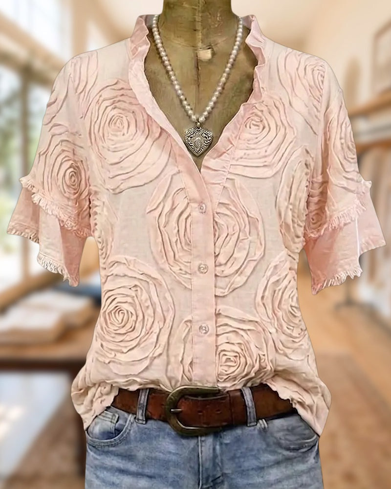 Textured Rose V Neck Button Front Flutter Sleeve Blouse