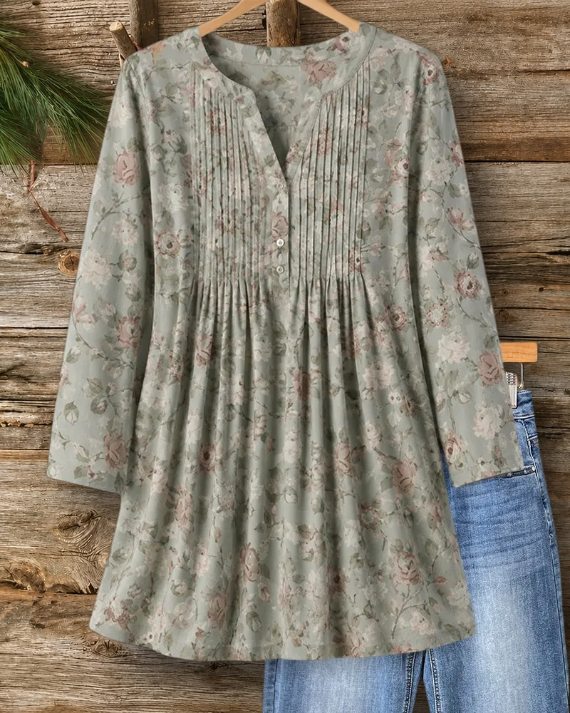 Floral Pleated V Neck 3/4 Sleeve Blouse