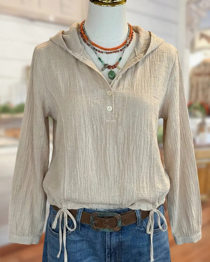 Hooded Half Button Drawstring Hem Blouse