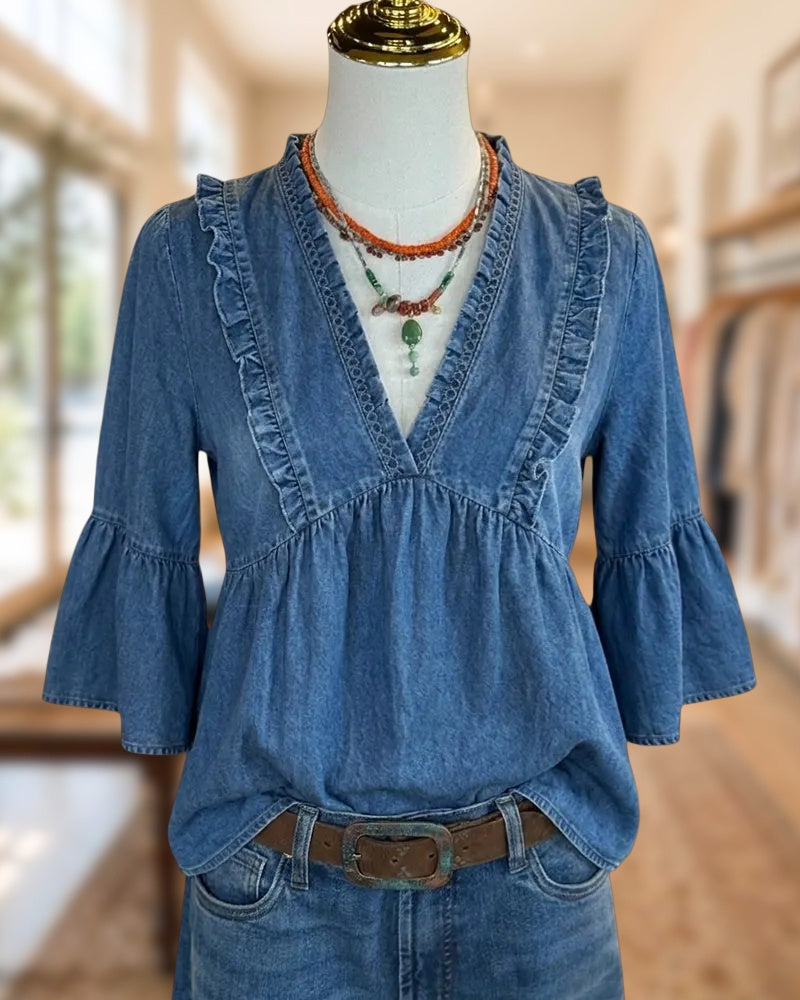 Ruffled Trim V Neck Flare Sleeve Gathered Casual Blouse