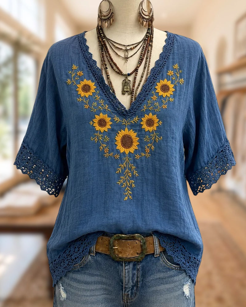 Sunflower Embroidery Lace Trim V Neck Loose Blouse