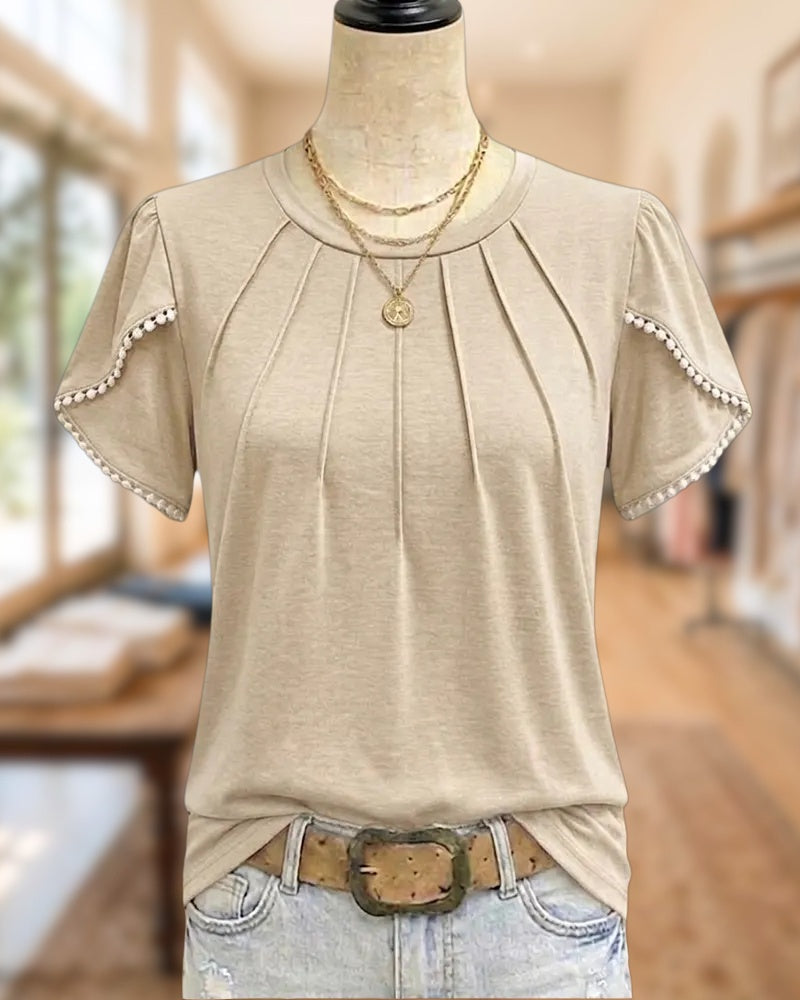 Crew Neck Lacy Trim Petal Sleeve Chic T-shirt