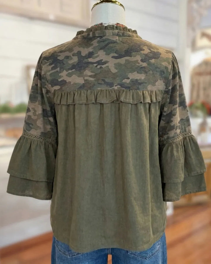 100% Cotton Camo Print Ruffle Trim Button Front Flare Sleeve Blouse
