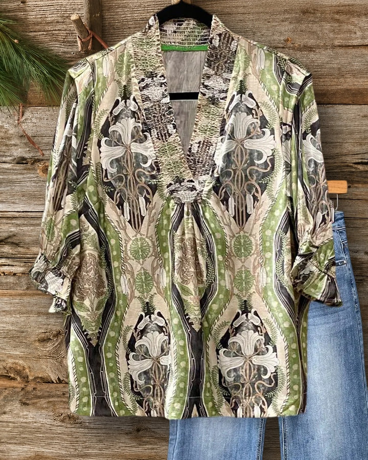 Floral Print Elegant Smocked V Neck Blouse