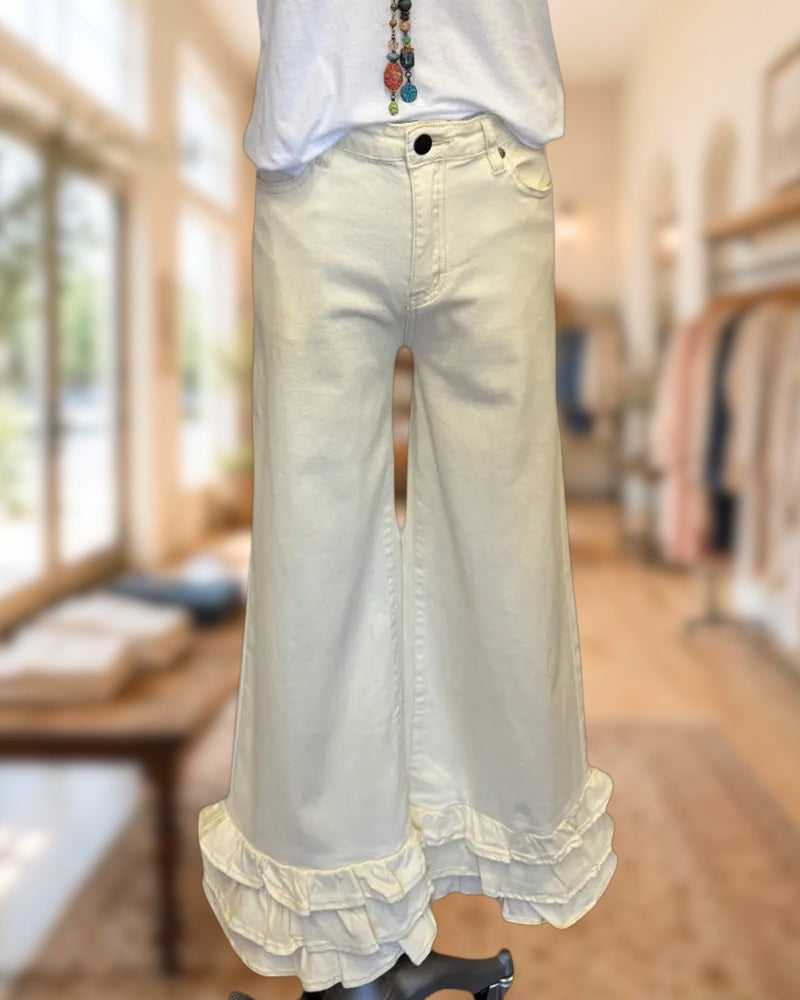 Tiered Ruffled Hem High Waist Casual Wide Leg Pants