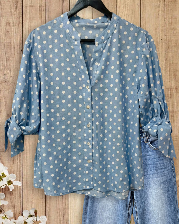 Polka Dot Button Front Tie Cuff V Neck Blouse