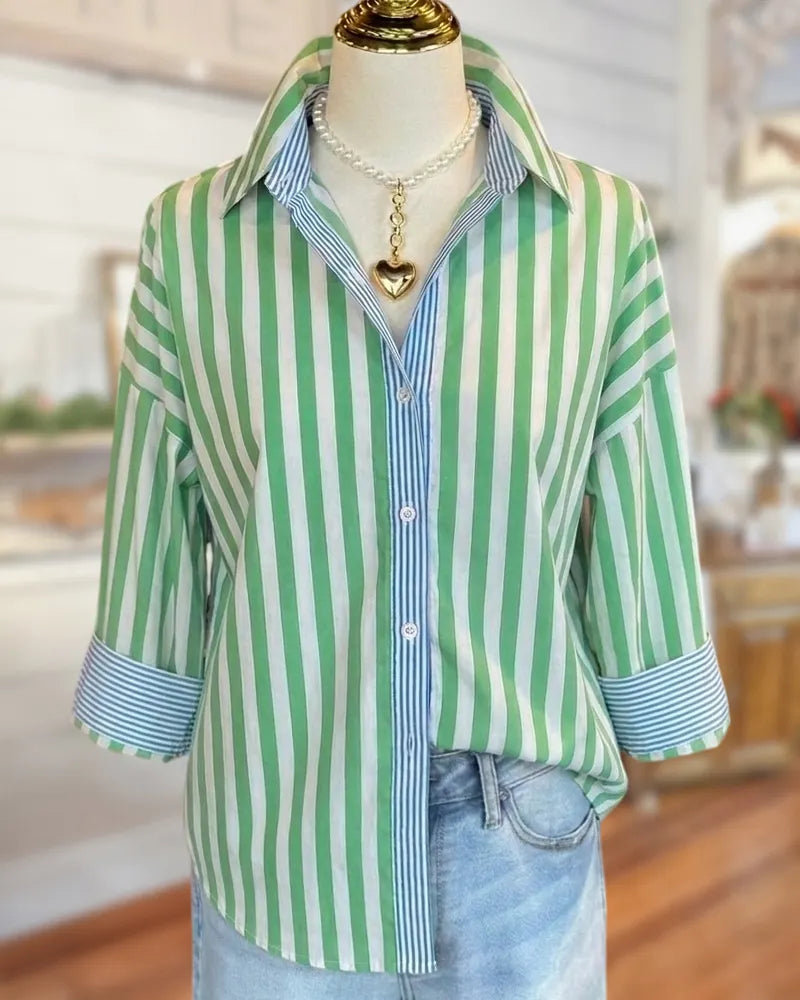 Contrast Placket Rolled Cuff Striped Collared Button Down Casual Shirt