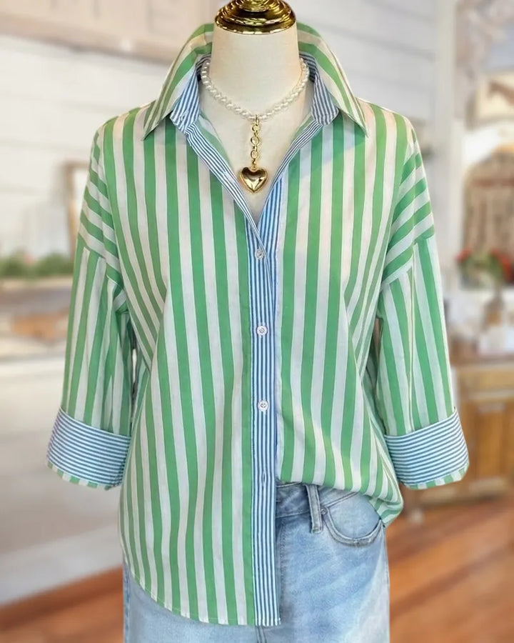 Contrast Placket Rolled Cuff Striped Collared Button Down Casual Shirt