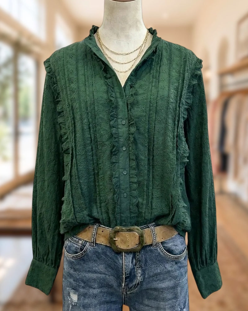 Ruffled Trim Eyelet Embroidery Button Front Long Sleeve Blouse