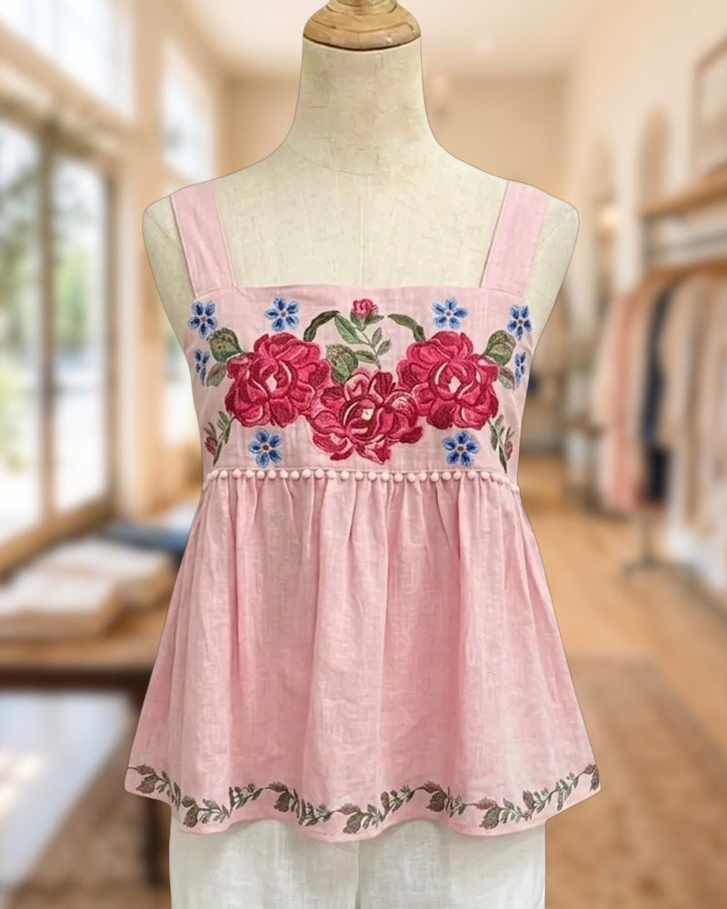 Floral Embroidered Square Neck Pom Trim Peplum Cami Top